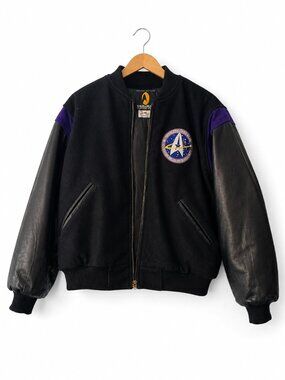 Vintage 1997 Star Trek Varsity Jacket Starfleet Embroidered Leather Sleeve S